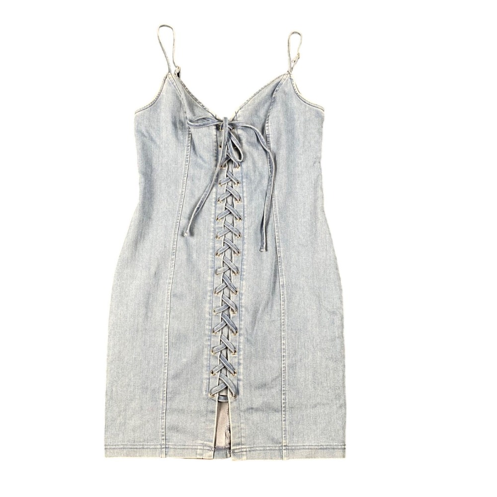 Story On Light Wash Denim Lace Up Front Mini Dress Bodycon Small